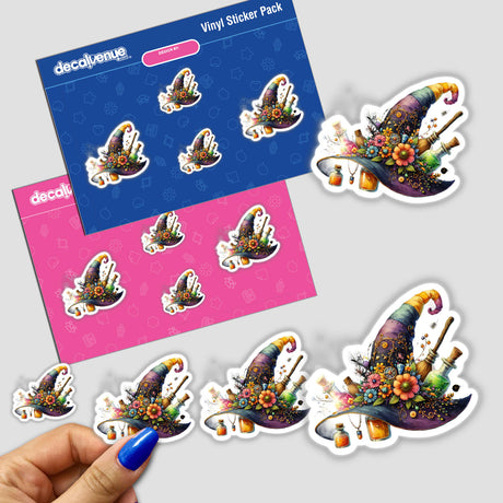 Halloween Hat with Potion Bottles sticker, featuring a cartoon design of a hat adorned with flowers and potion bottles, available as stickers or digital artwork from Decal Venue.