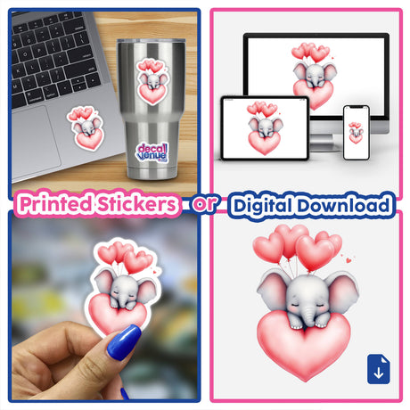 Cute Watercolor Sleepy Elephant with Heart Balloons illustrated in a gentle watercolor style, featuring a dreamy elephant surrounded by heart balloons, available as stickers or digital artwork from Decal Venue.
