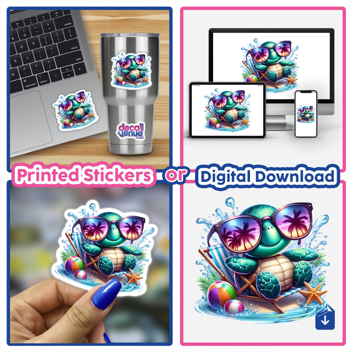 Collage featuring 'Sea Turtle Chillin in Beach Chair' stickers and digital artwork, showcasing a cartoon turtle wearing sunglasses on a beach chair, ideal for laptops and personal items.
