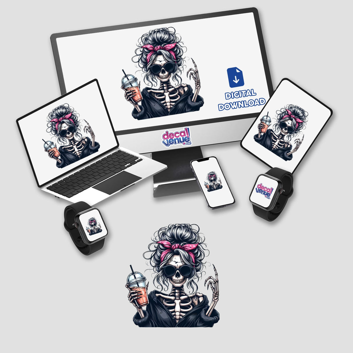 Spooky skeleton woman with vibrant hair and tattoos, available as stickers or digital downloads from Decal Venue.