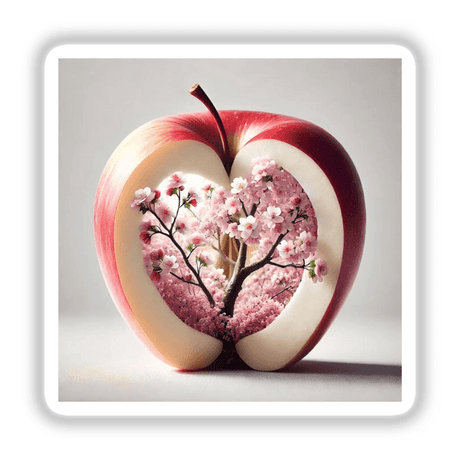 Enchanted Orchard Cherry Blossom Tree Inside an Apple, available as stickers or digital artwork, depicting a tree growing within an apple, highlighting Decal Venue's unique artistic style.