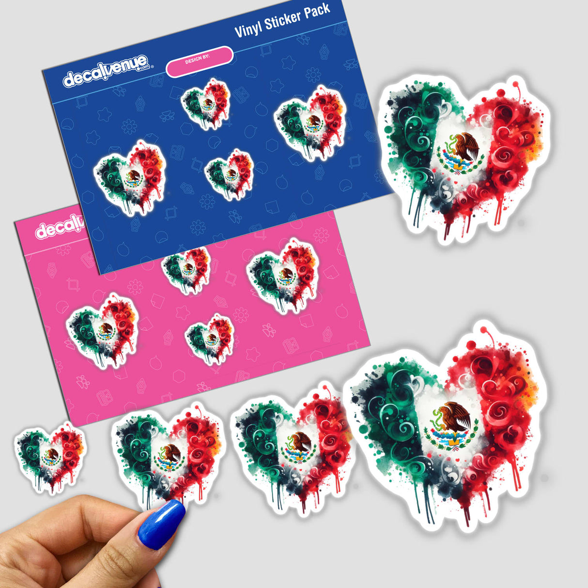 Watercolor Mexican Flag Heart sticker pack featuring heart-shaped designs with flags and birds, capturing intricate handmade artistry. Available as unique vinyl stickers or digital art from Decal Venue.