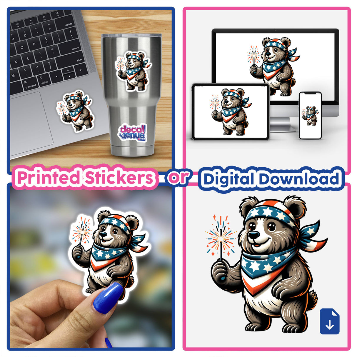 Grizzly Bear Holding Sparkler Wearing Stars and Stripes Bandana