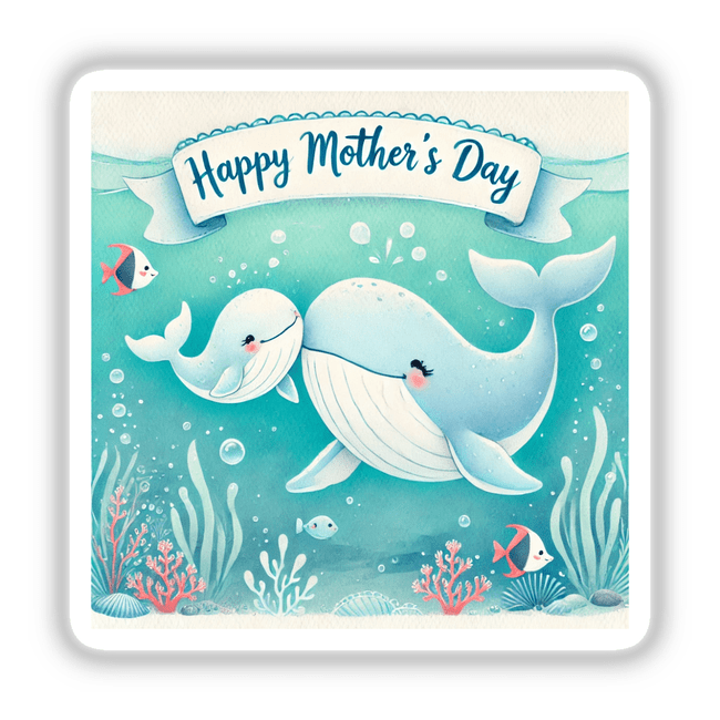Happy Mothers Day Whales Underwater Illustration features cartoon whales, one with a mustache, and fish, available as stickers or digital artwork, highlighting Decal Venue's unique vinyl and digital art offerings.