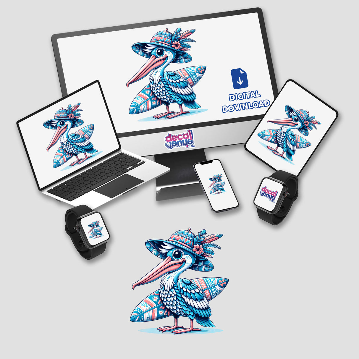 Pelican in Summer Beach Hat with Surfboard