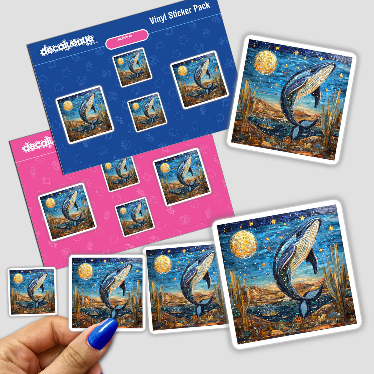 Hand holding Celestial Whale and Desert Landscape Mosaic stickers featuring a whale jumping out of water, offered by Decal Venue.