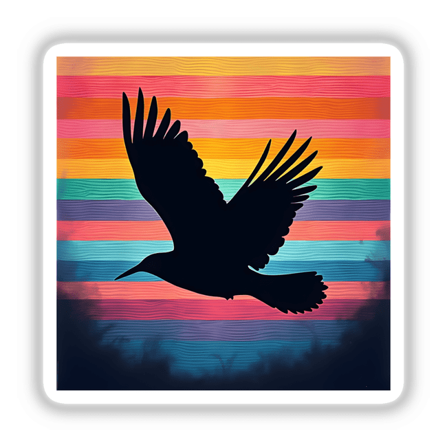 Bird in Flight Silhouette with Vibrant Stripes: a silhouette of an eagle soaring through the sky, depicted in unique sticker or digital art format.