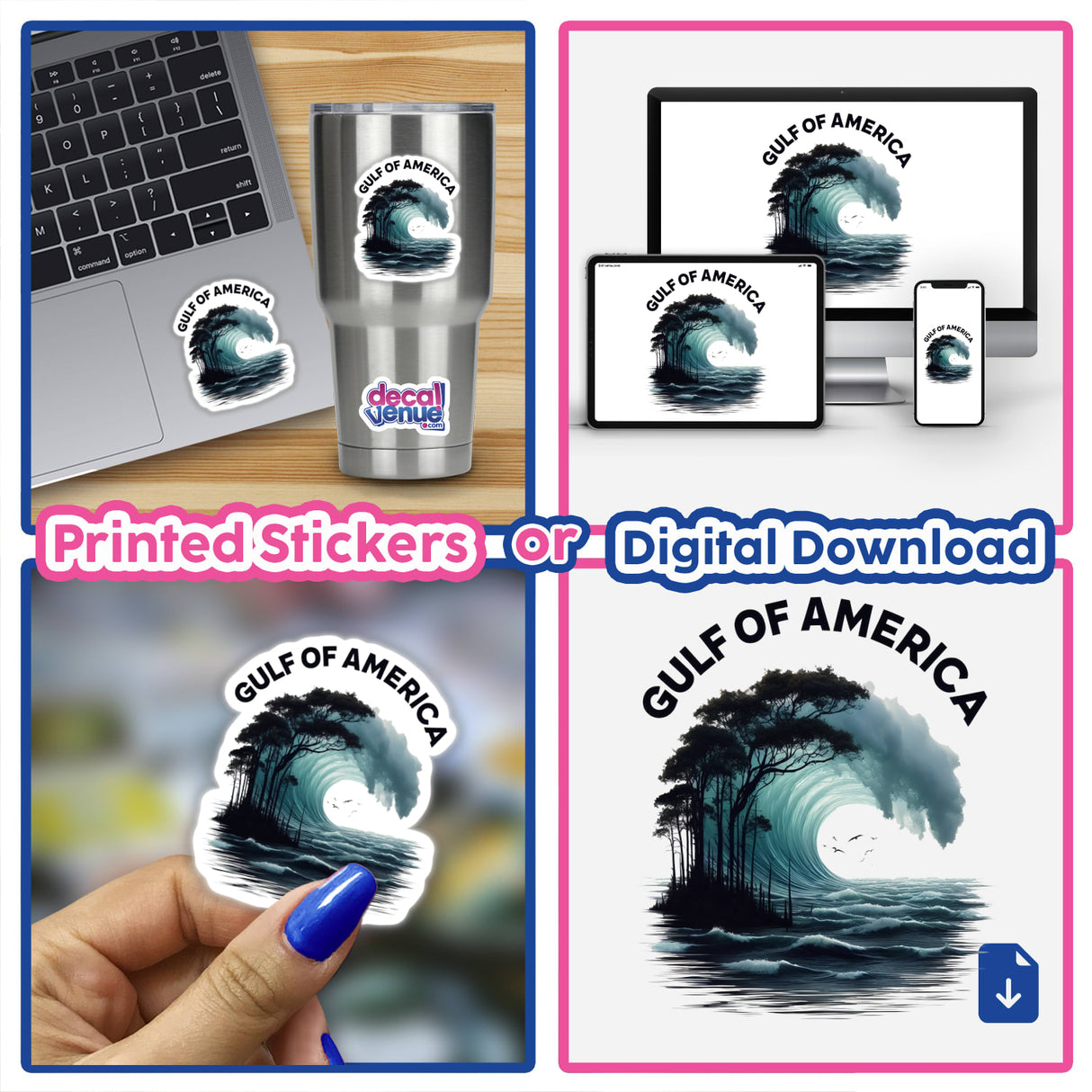 Collage featuring Gulf of America stickers and digital artwork, showcasing a laptop adorned with a sticker, emphasizing ocean waves, trees, and birds, reflecting Decal Venue's unique vinyl sticker offerings.