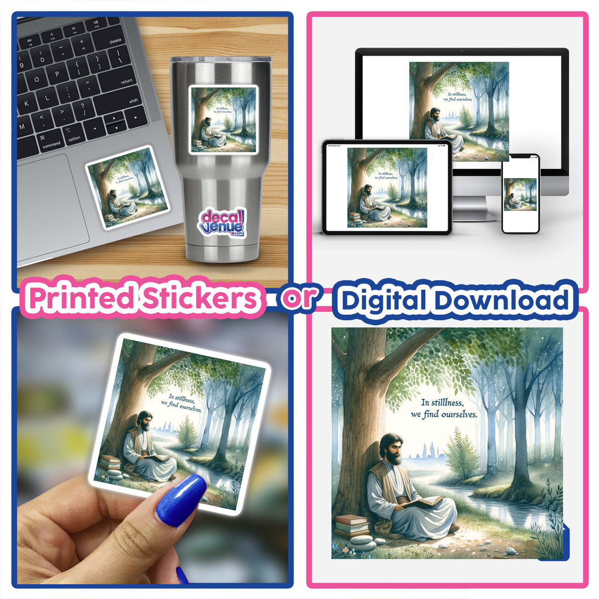 Collage featuring Calm Man Under a Tree – “In stillness, we find ourselves” as stickers or digital artwork, showing a serene man reading under a tree, ideal for Decal Venue's unique collection.
