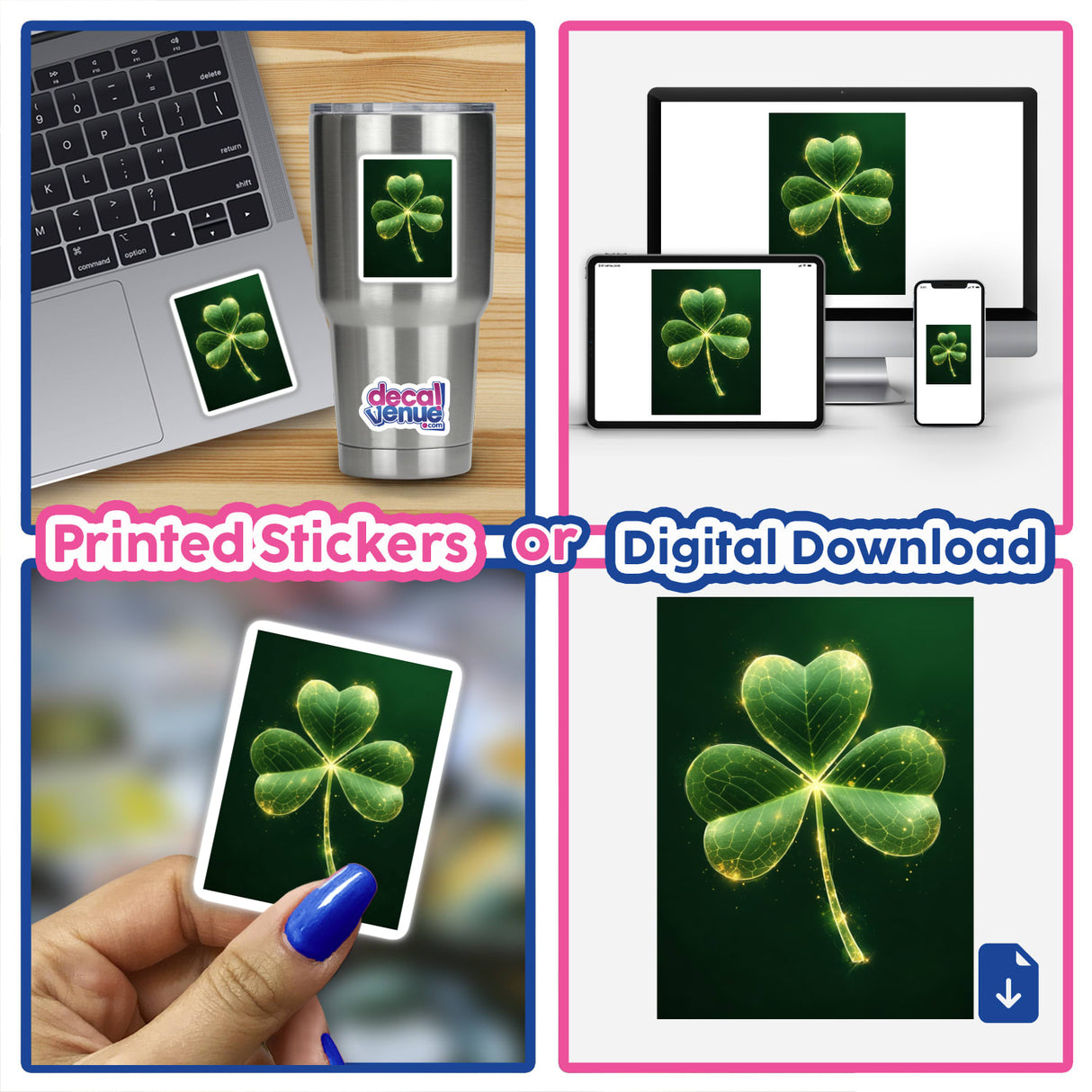 Collage featuring the Luminous Shamrock sticker or digital artwork, showcasing a glowing green clover with sparkling gold highlights on various devices like laptops and phones.