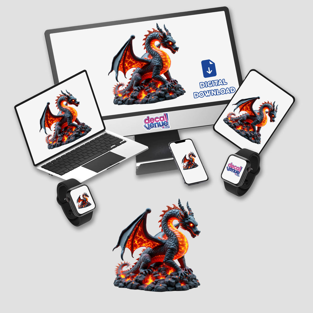 Molten Lava Dragon digital artwork displayed on various devices, including a laptop and smartwatch, showcasing the dragon theme available as stickers or digital art from Decal Venue.