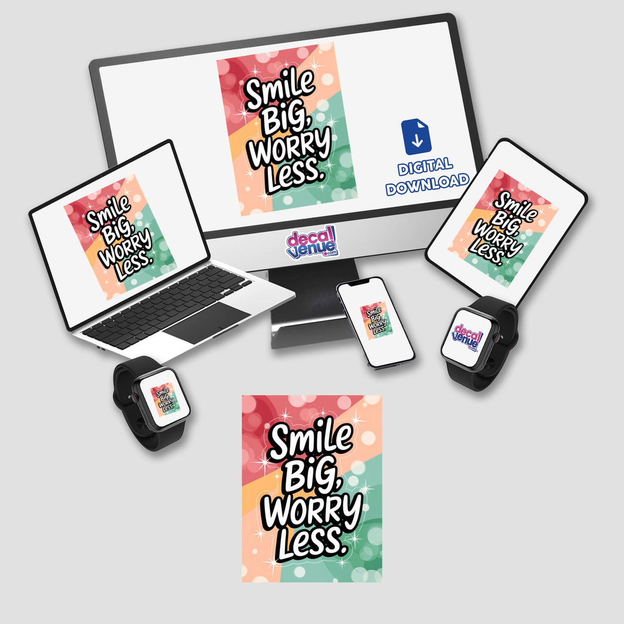 Smile big, worry less: A computer monitor and laptop displaying vibrant designs, accompanied by a tablet, encapsulating Decal Venue's unique vinyl sticker and digital artwork offerings.
