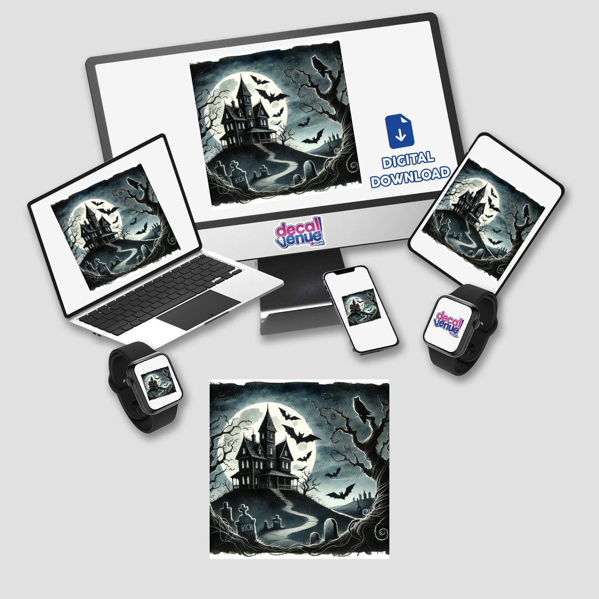 Spooky Night - Haunted House and Bats Watercolor, featuring a laptop and computer screen displaying a haunted house with bats, available as stickers or digital artwork.