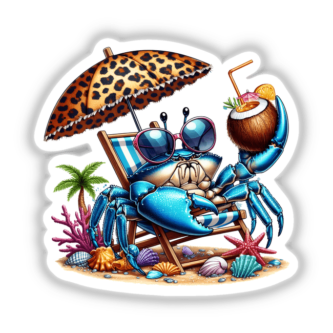 Summertime Blue Crab with Coconut Drink lounging on a striped deck chair under a leopard-print umbrella, surrounded by seashells, starfish, and coral, evoking a fun, tropical vacation vibe.