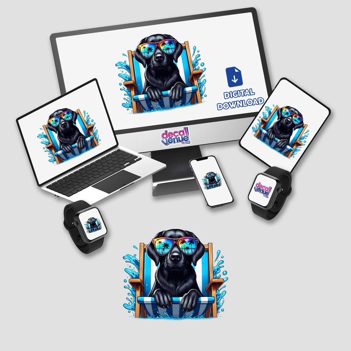 Peeking black lab wearing sunglasses sits in a beach chair, featured on a laptop and monitor screen, available as stickers or digital artwork from Decal Venue.
