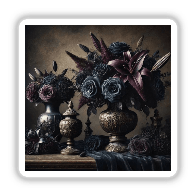 Gothic Baroque - Dark Floral Arrangements in Ornate Vases, showcasing intricate still life photography of flowers in a lavish vase, available as stickers or digital artwork from Decal Venue.