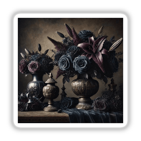 Gothic Baroque - Dark Floral Arrangements in Ornate Vases, showcasing intricate still life photography of flowers in a lavish vase, available as stickers or digital artwork from Decal Venue.