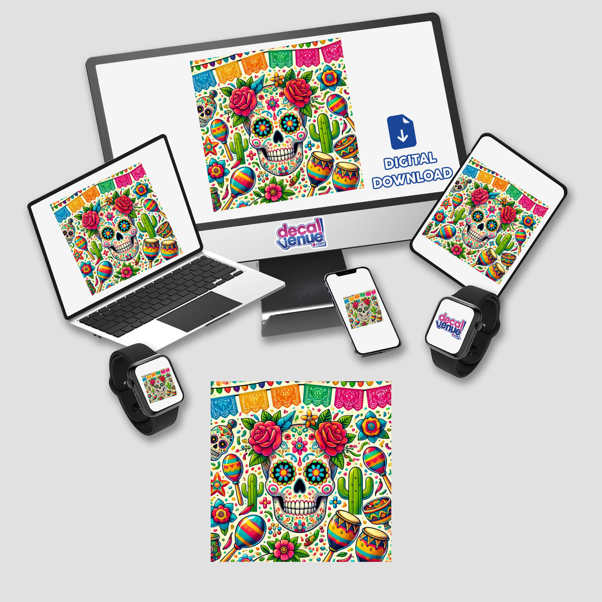 Sugar Skull Flowers Maracas And More Festive Elements displayed on a laptop screen, featuring a vibrant skull illustration with flowers and maracas, available as stickers or digital artwork from Decal Venue.
