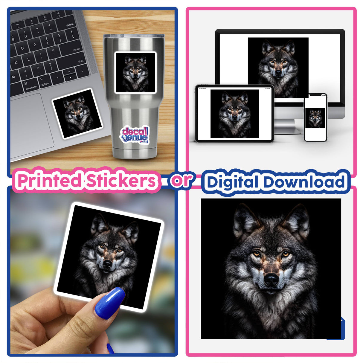 Cinematic Wolf Portrait on Black Background displayed on a laptop and phone, featuring a detailed wolf image available as stickers or digital artwork.