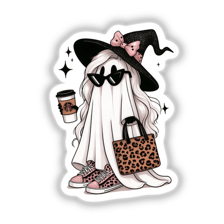 Boujee Ghost Leopard Tote and Sneakers II: Cartoon ghost with hat and sunglasses, holding a coffee cup, paired with leopard print tote and pink sneakers. Available as stickers or digital artwork.