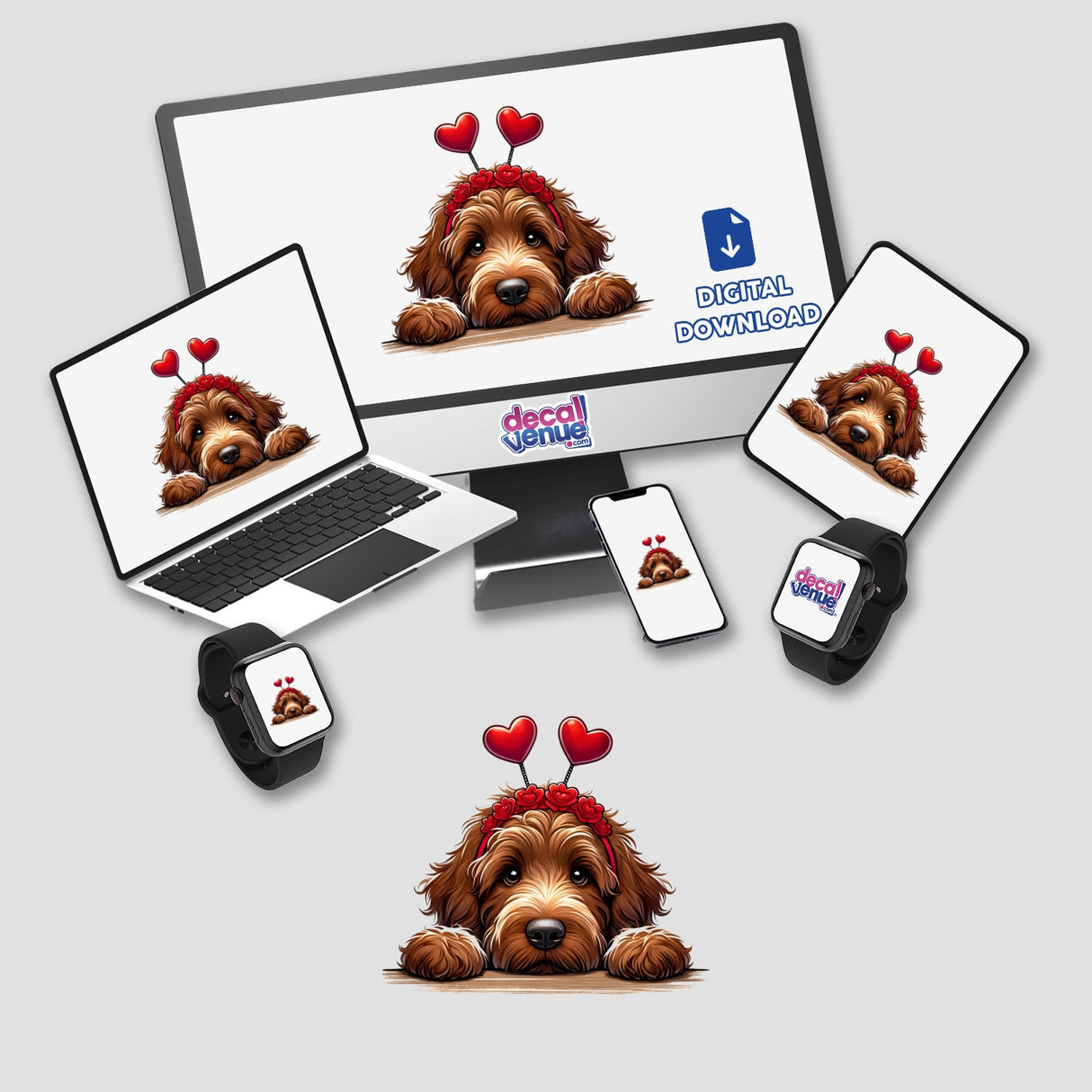 Peeking Brown Valentine Goldendoodle Dog II depicted on a laptop screen, adorned with a flower crown, available as stickers or digital artwork. Ideal for dog lovers seeking unique vinyl stickers or digital art.