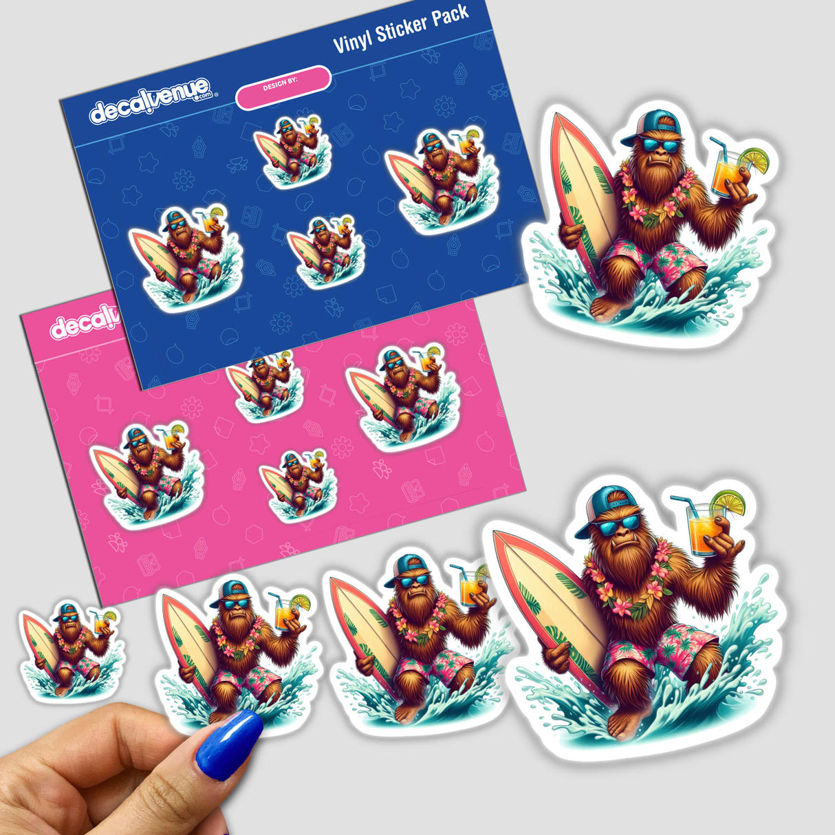 Tropical Sasquatch Surfer with Drink sticker pack featuring cartoon characters holding surfboards and drinks, available as stickers or digital artwork from Decal Venue.
