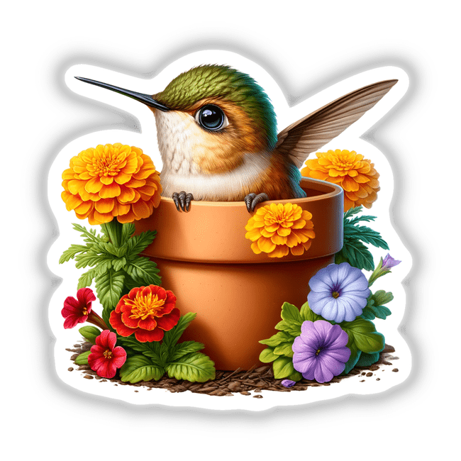 Hummingbird Peeking Out of Flower Pot