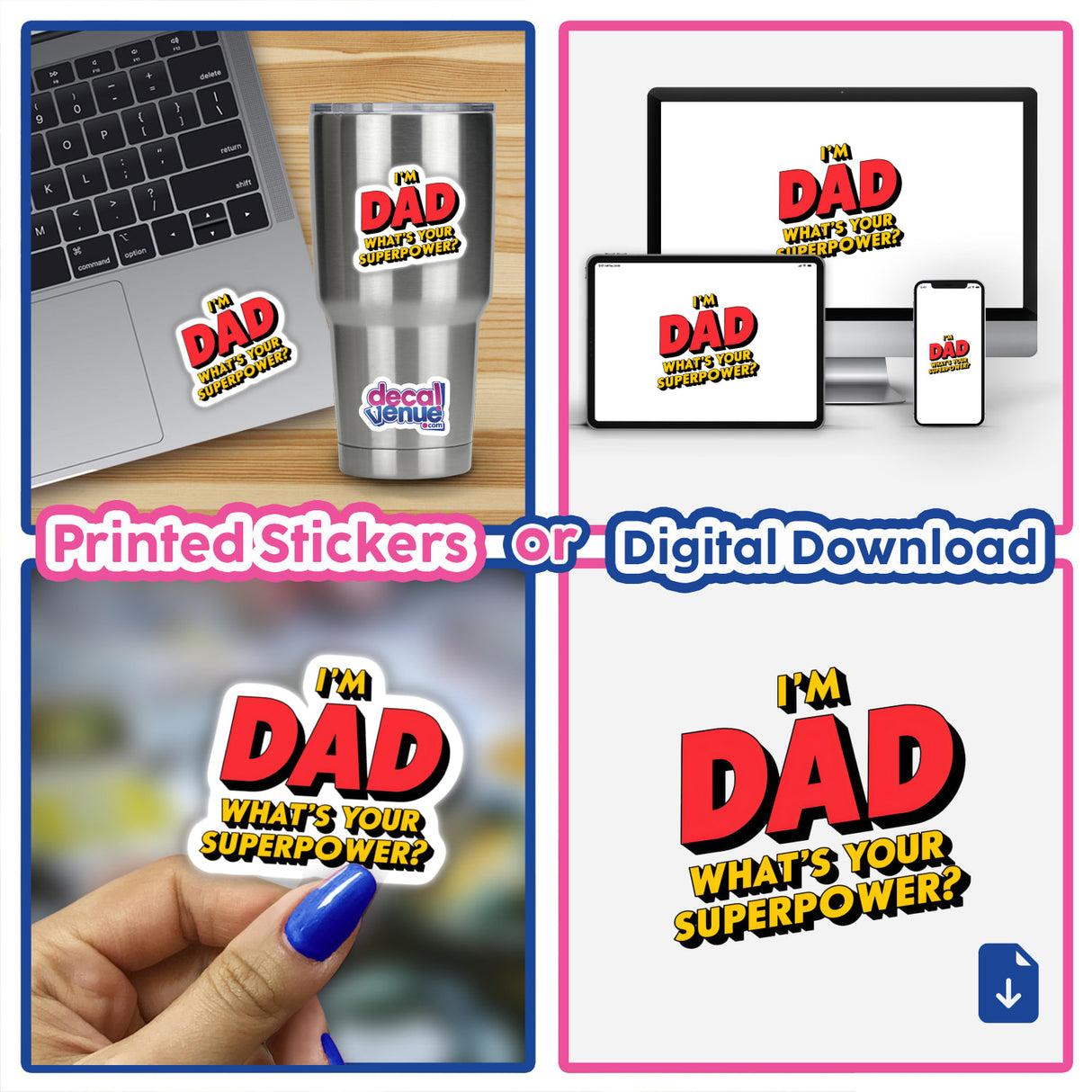 A collage of I'm Dad, What's Your Superpower? stickers, featuring close-ups of finger placements and computer screenshots, available as both stickers and digital artwork.