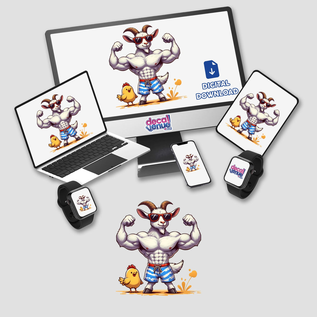 Flexing Muscular Goat and Chickie cartoon displayed on a computer monitor and laptop screen, available as stickers or digital artwork from Decal Venue.