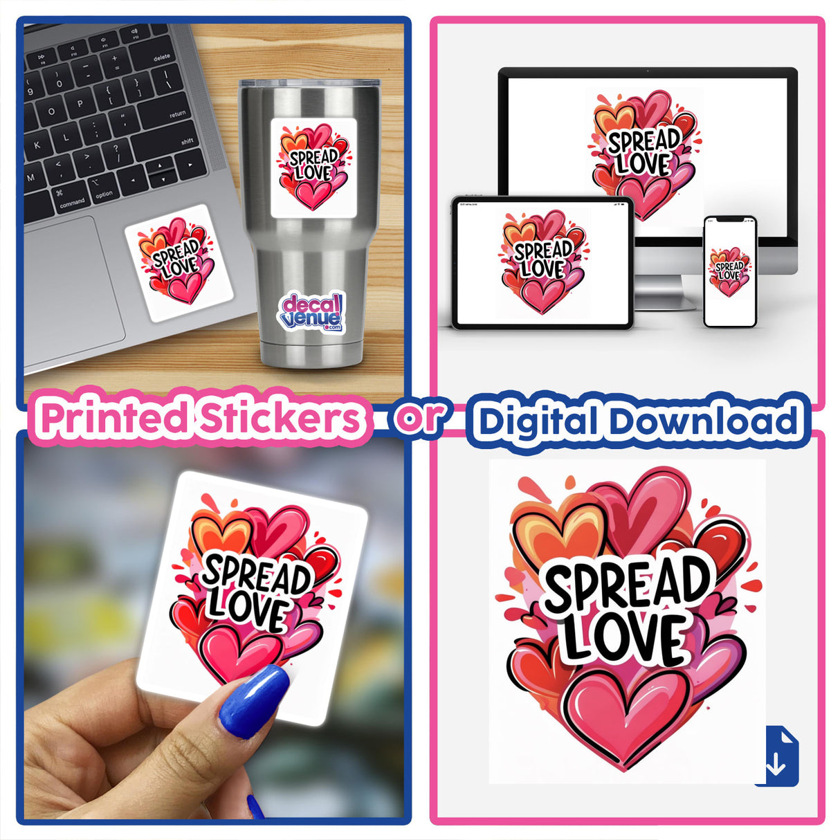Collage featuring the Spread Love with Vibrant Red and Pink Hearts design, showcasing a laptop adorned with heart stickers and digital artwork, emphasizing unique vinyl sticker options from Decal Venue.