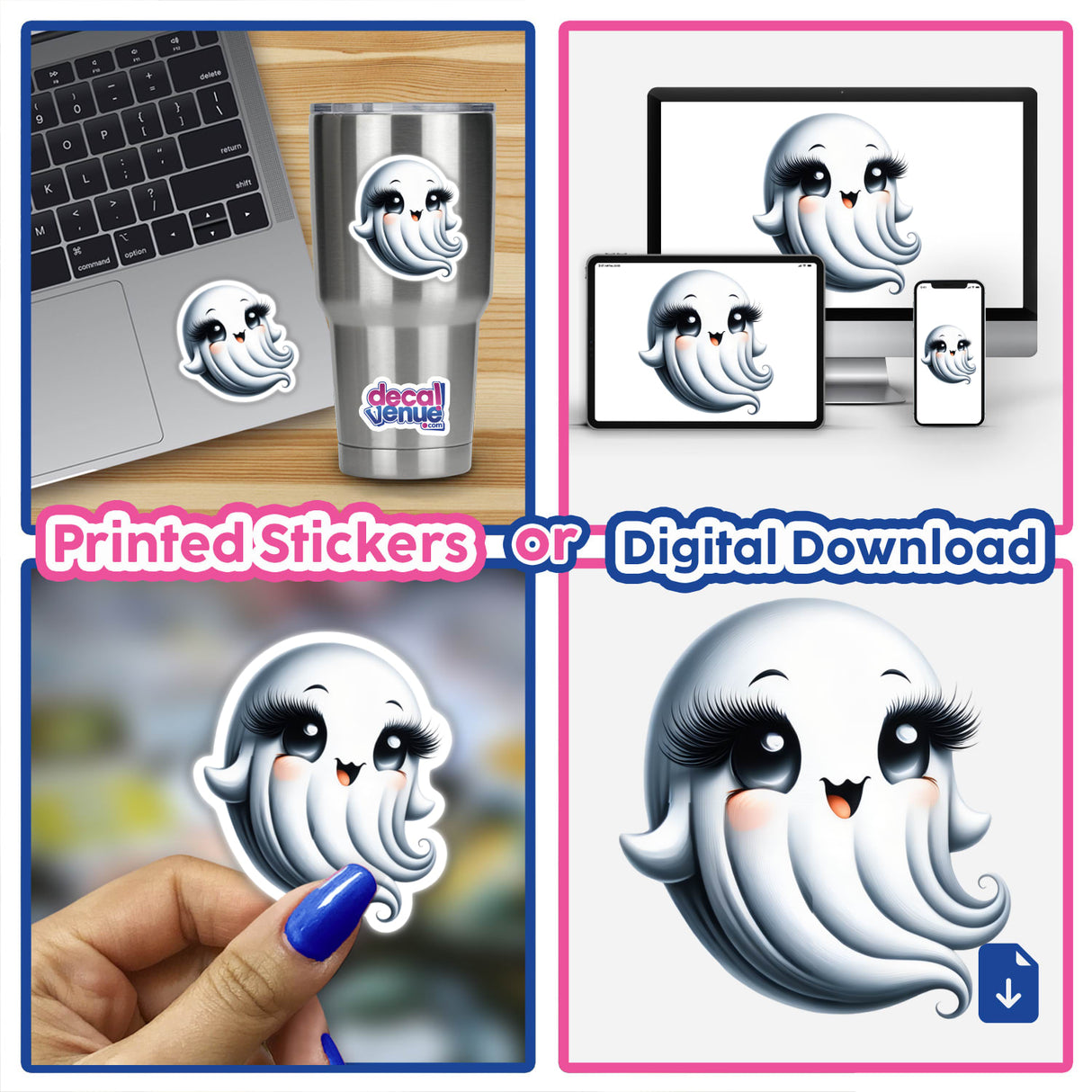 Cute Ghost with Eyelashes sticker collage featuring ghost designs on a cup, laptop, and held by a hand, emphasizing the charming ghost with long hair and eyelashes.