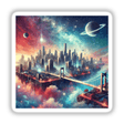 Dreamscape City - Floating Islands with Urban Skylines: an artistic depiction featuring a cityscape with skyscrapers, a bridge, and celestial elements, available as stickers or digital artwork.