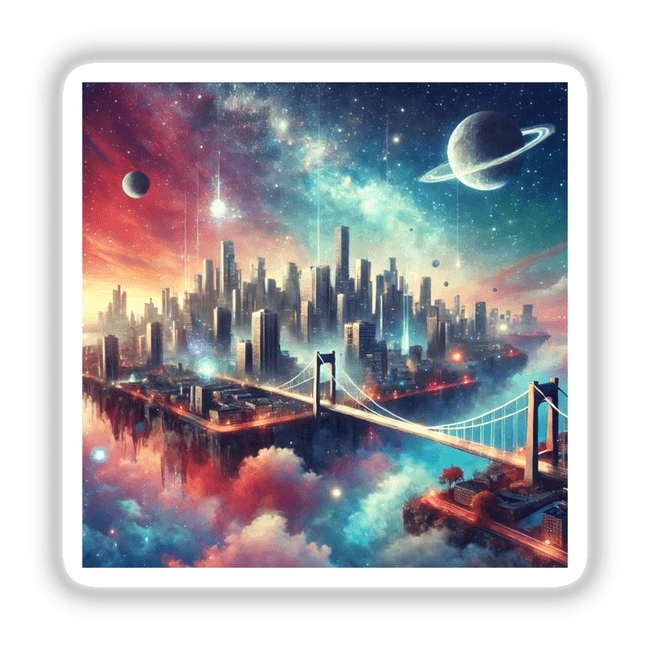 Dreamscape City - Floating Islands with Urban Skylines: an artistic depiction featuring a cityscape with skyscrapers, a bridge, and celestial elements, available as stickers or digital artwork.