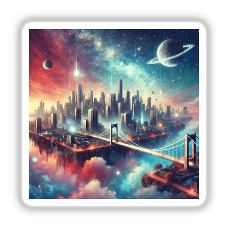 Dreamscape City - Floating Islands with Urban Skylines: an artistic depiction featuring a cityscape with skyscrapers, a bridge, and celestial elements, available as stickers or digital artwork.