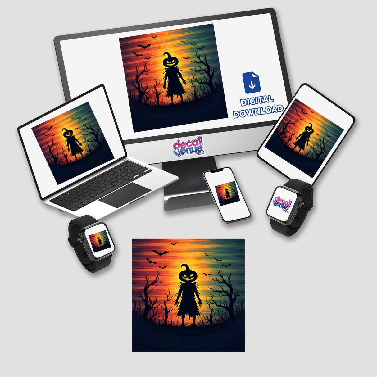Evil Pumpkin Silhouette with Bold Color Stripes Halloween sticker or digital artwork displayed on various devices including a laptop, tablet, and smartphone.