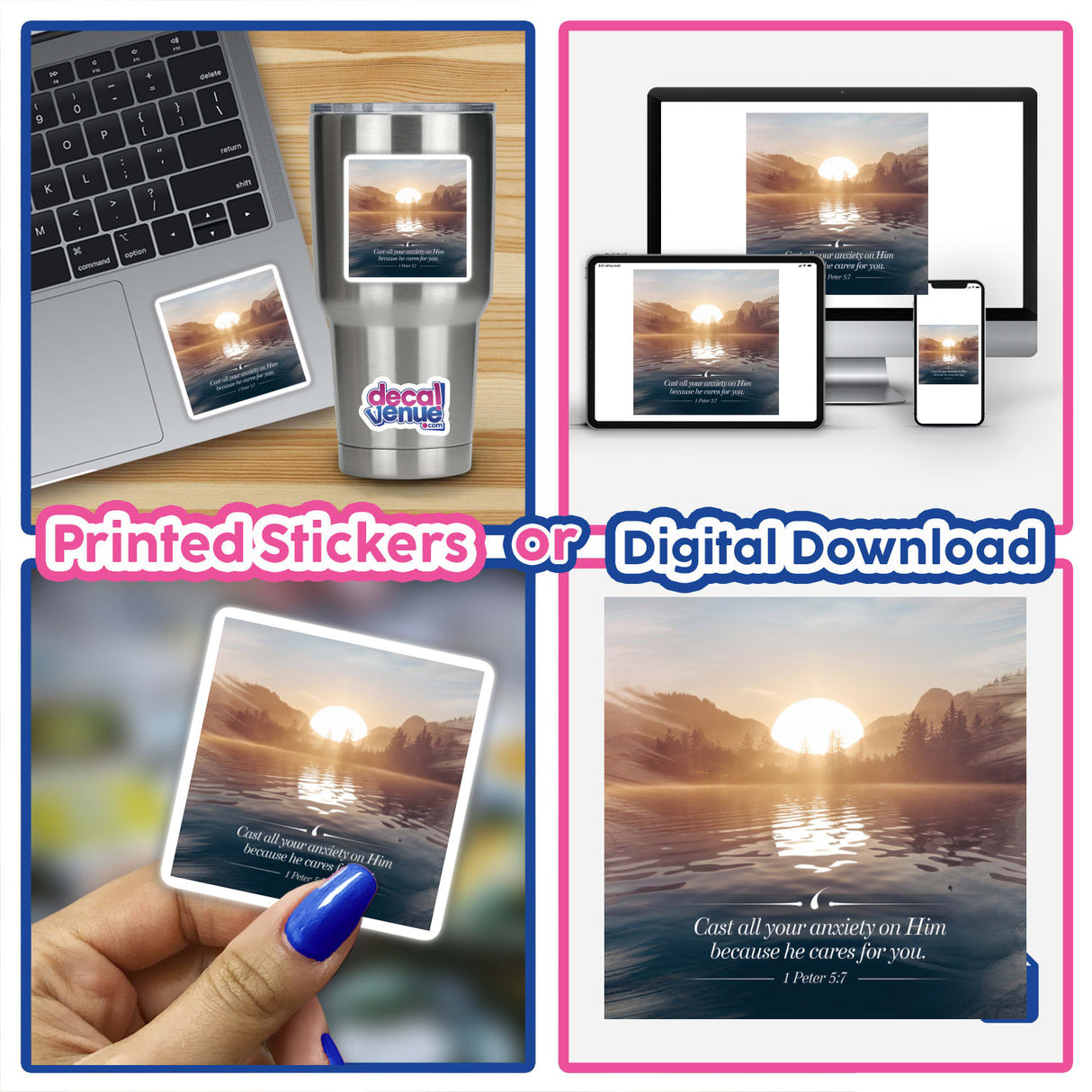 Collage of laptops featuring Cast all your anxiety on Him because He cares for you. 1 Peter 5:7 as stickers or digital artwork, highlighting unique vinyl designs from Decal Venue.
