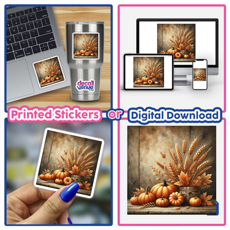 Collage of pumpkins and wheat in Autumn Harvest - Cozy Scene with Pumpkins and Wheat, available as stickers or digital artwork. Includes close-ups, silver cup, and hand-held images.