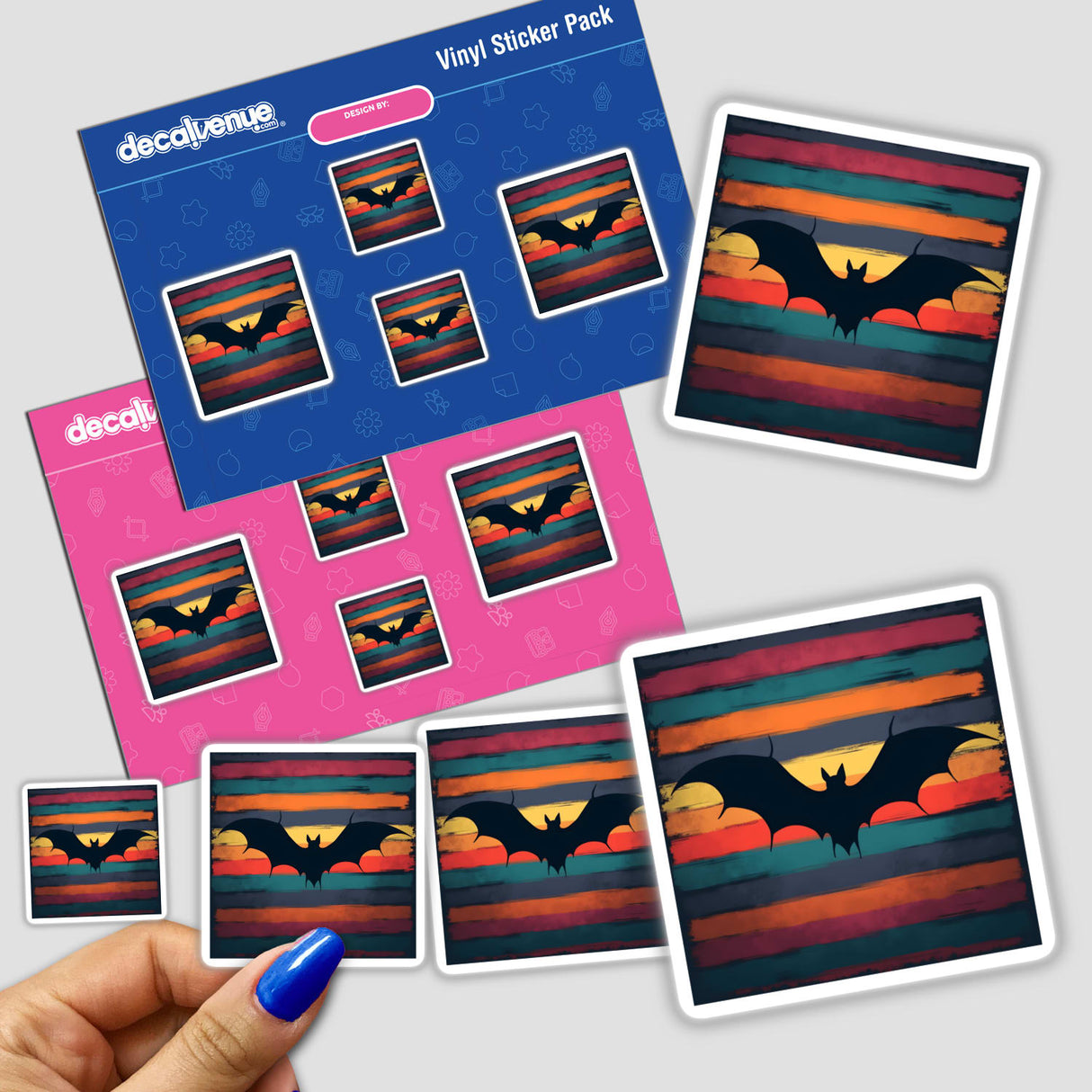 Sticker pack titled Bat Silhouette with Vibrant Stripes Halloween, featuring bats over colorful striped backgrounds, displayed on a finger for size reference. Available as stickers or digital artwork.