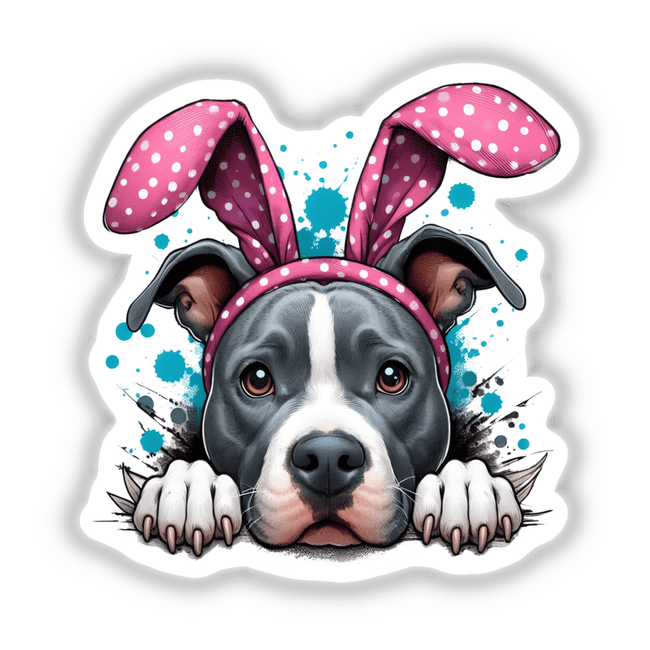 Peeking Easter Pitbull Bunny: A close-up illustration of a pitbull wearing pink bunny ears, available as stickers or digital artwork from Decal Venue.