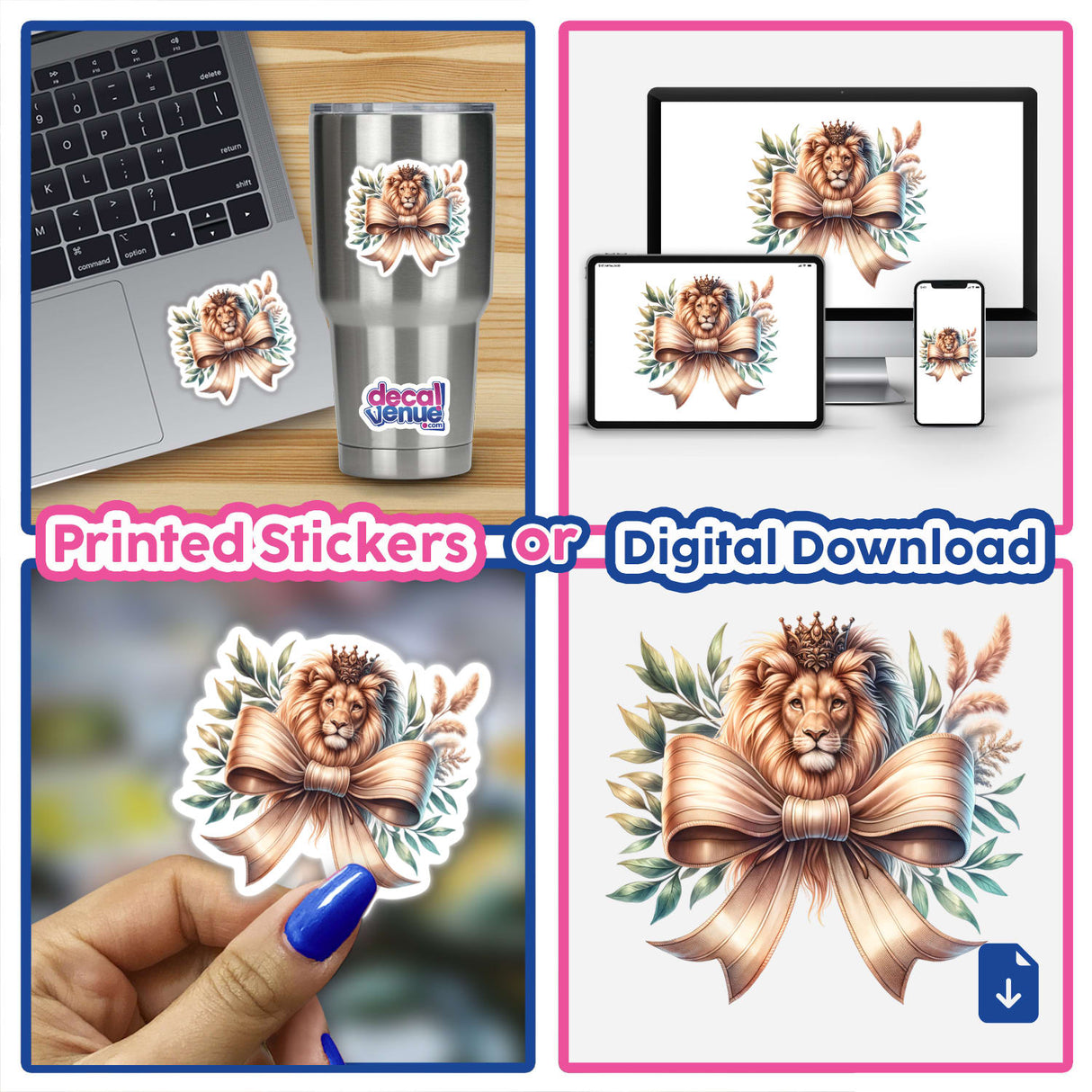 Collage featuring Lion Coquette Bow stickers and digital artwork, including a crowned lion with a bow on a laptop, close-up decals, and a hand holding a lion sticker.