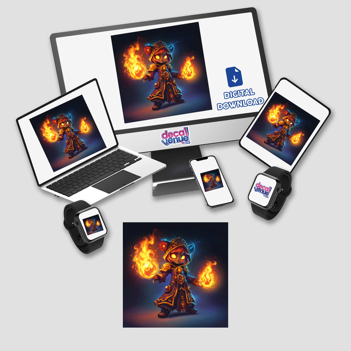 Fire Mage with Summoned Flame Elemental digital artwork displayed on various devices, including a laptop, tablet, and smartphone, available as stickers or digital art from Decal Venue.