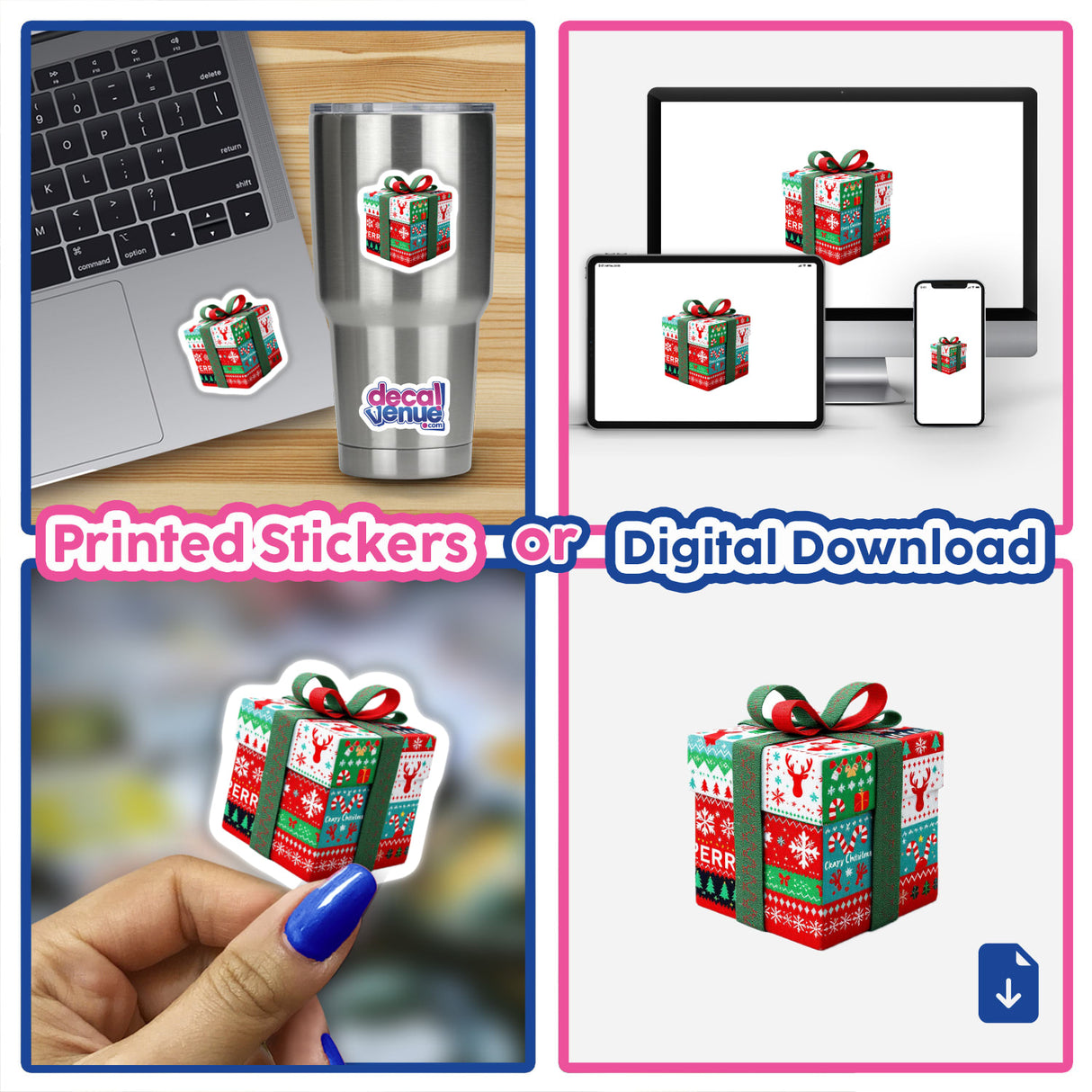 Gift box sticker collage titled Present / Gift Ugly Christmas Sweater Style, showcasing a variety of applications like on laptops, presents, and more. Available as stickers or digital artwork.