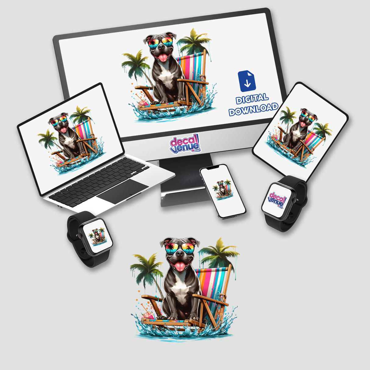 Splashing Beach Time Pitbull Dog depicted on computer and laptop screens, showcasing a joyful pitbull in sunglasses on a beach chair, available as stickers or digital artwork from Decal Venue.
