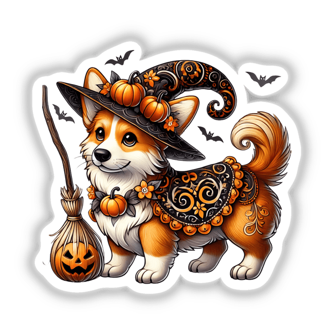 Adorable Halloween Corgi Dog in Witch Hat, Holding Pumpkin Bucket