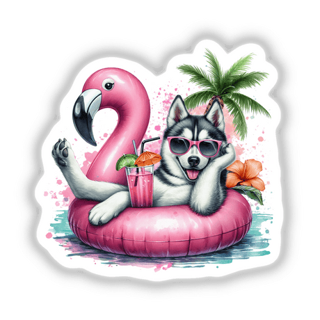 Relaxed Husky Dog on Flamingo Float