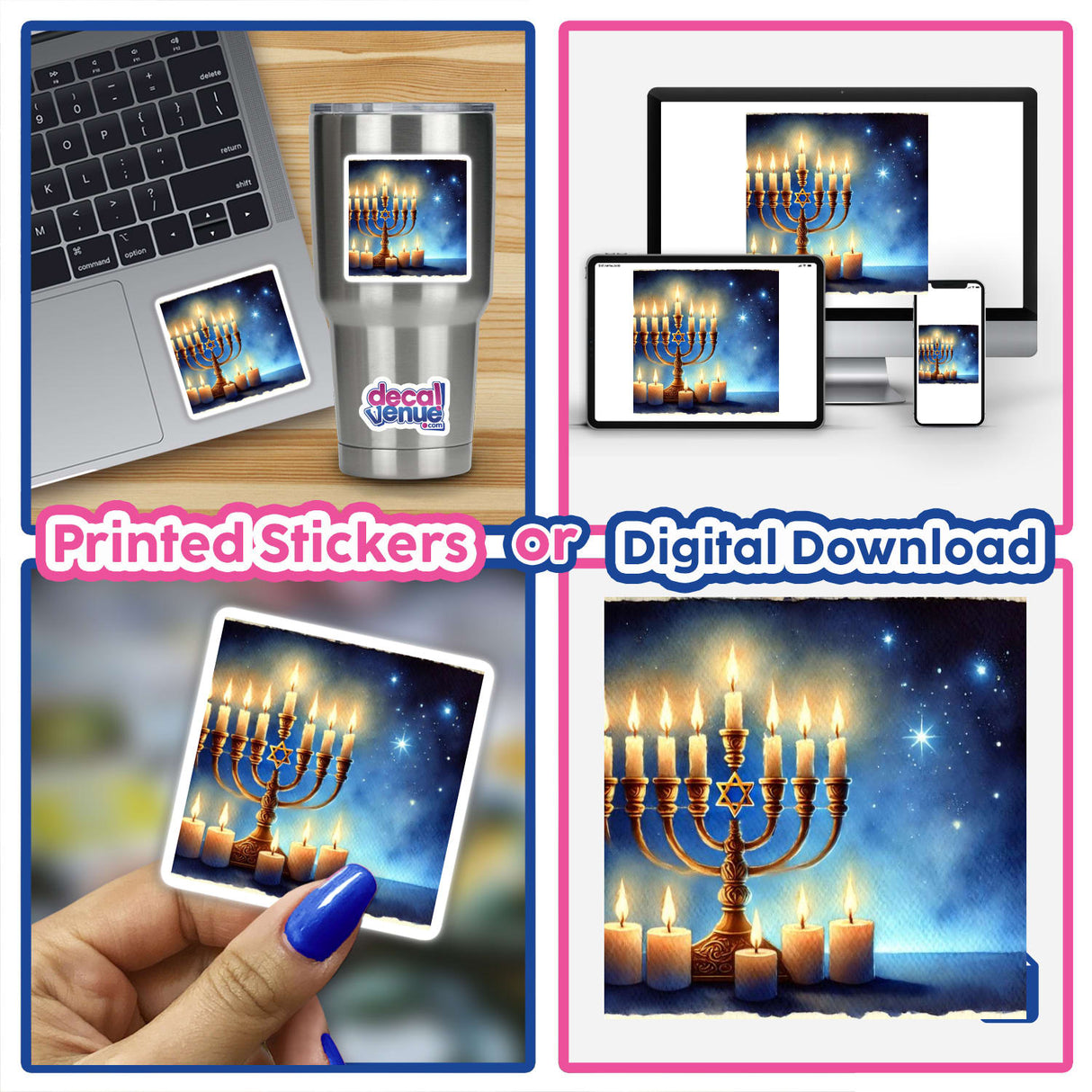 Hanukkah Lights - Menorah with Glistening Candles: A collage featuring lit menorah candles, laptops, and close-ups of hands. Available as stickers or digital artwork.