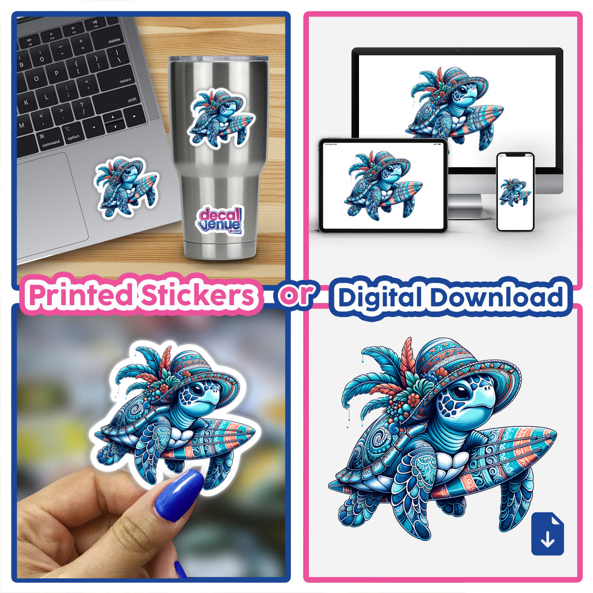 Sea Turtle in Summer Beach Hat with Surfboard