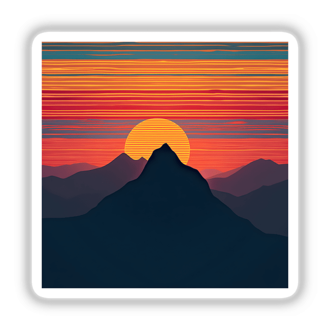 Mountain Range Silhouette in Dynamic Color Stripes featuring a sunset over mountains; available as stickers or digital artwork.
