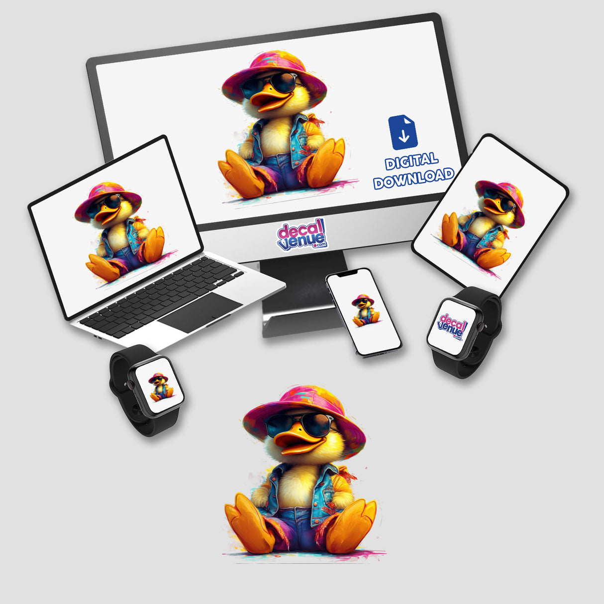 Stylish Duck digital art on computer monitor, laptop, and other devices, featuring a cartoon duck with sunglasses and a hat. Available as stickers or digital artwork.