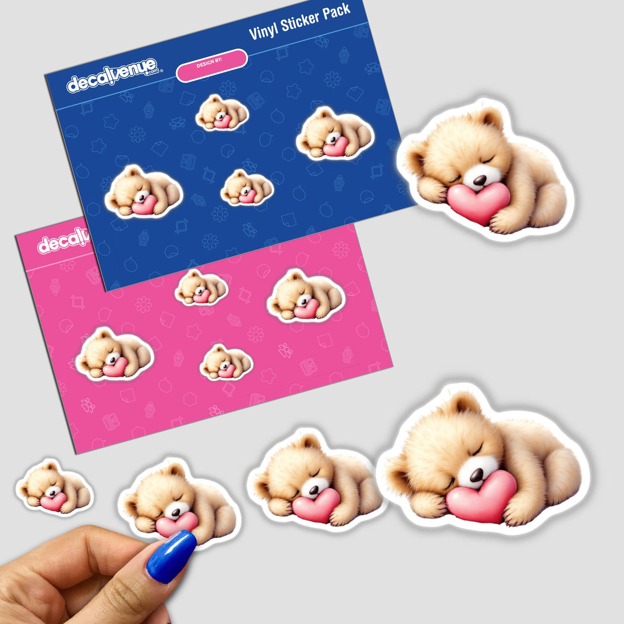 Baby Bear Sleeping on a Heart sticker pack featuring teddy bears cradled by hearts, capturing childhood innocence and whimsy, ideal for nurseries and playful decor.